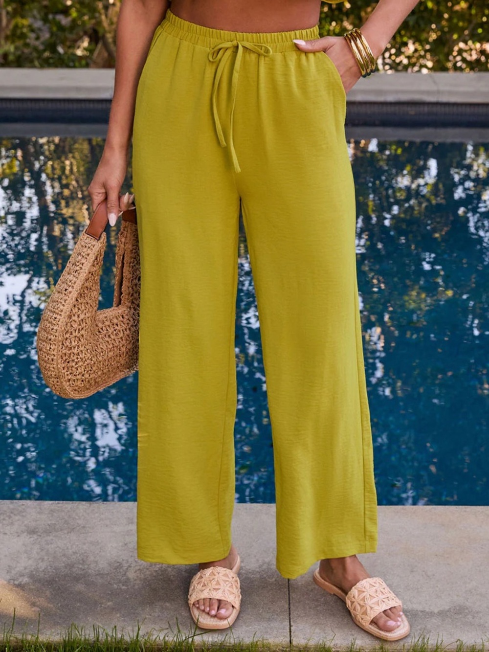 Rachel Roy Chartreuse Pull on Wide leg Satin Pants